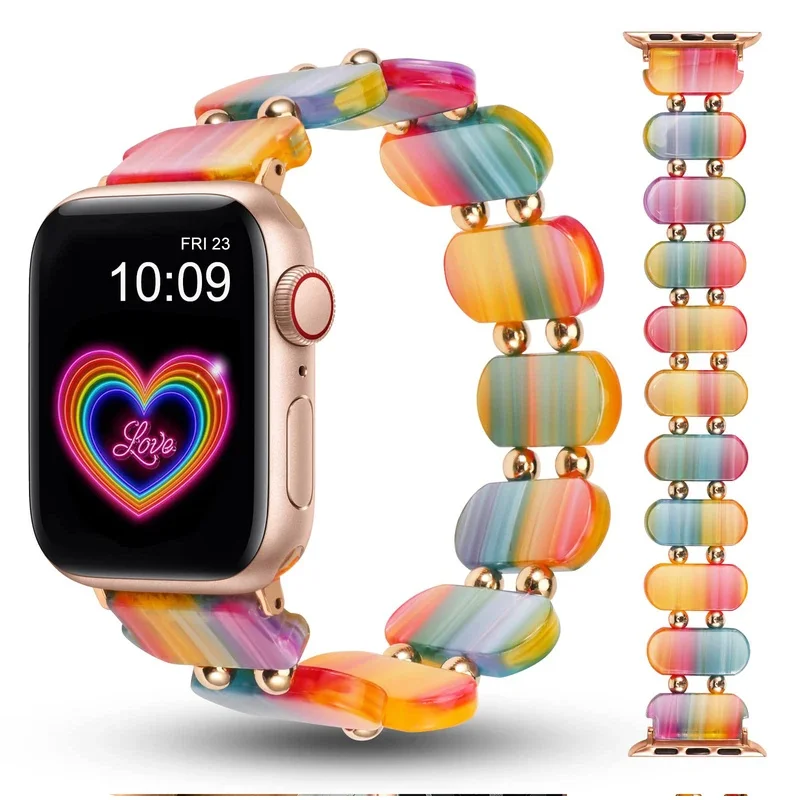 

Resin strap for Apple Watch strap 41mm 40 44mm 45 42 Women's elastic ring strap metal bead suitable for iWatch series 9/8/6/5/se