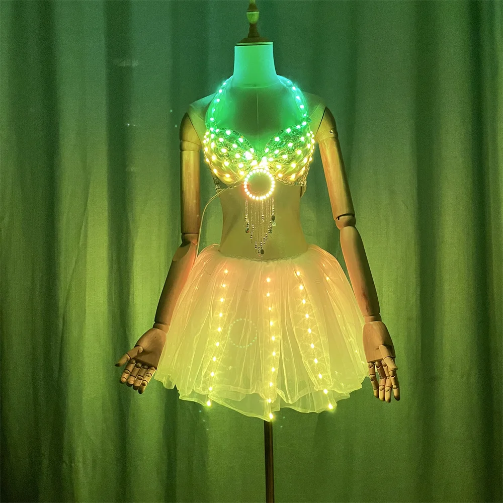 Led RGB Women Girl Sound Control Skirt Bra Costumes Skirt Bar DJ Singer Performance Clothes Dresses Led Tutu Skirt Jacket Suit