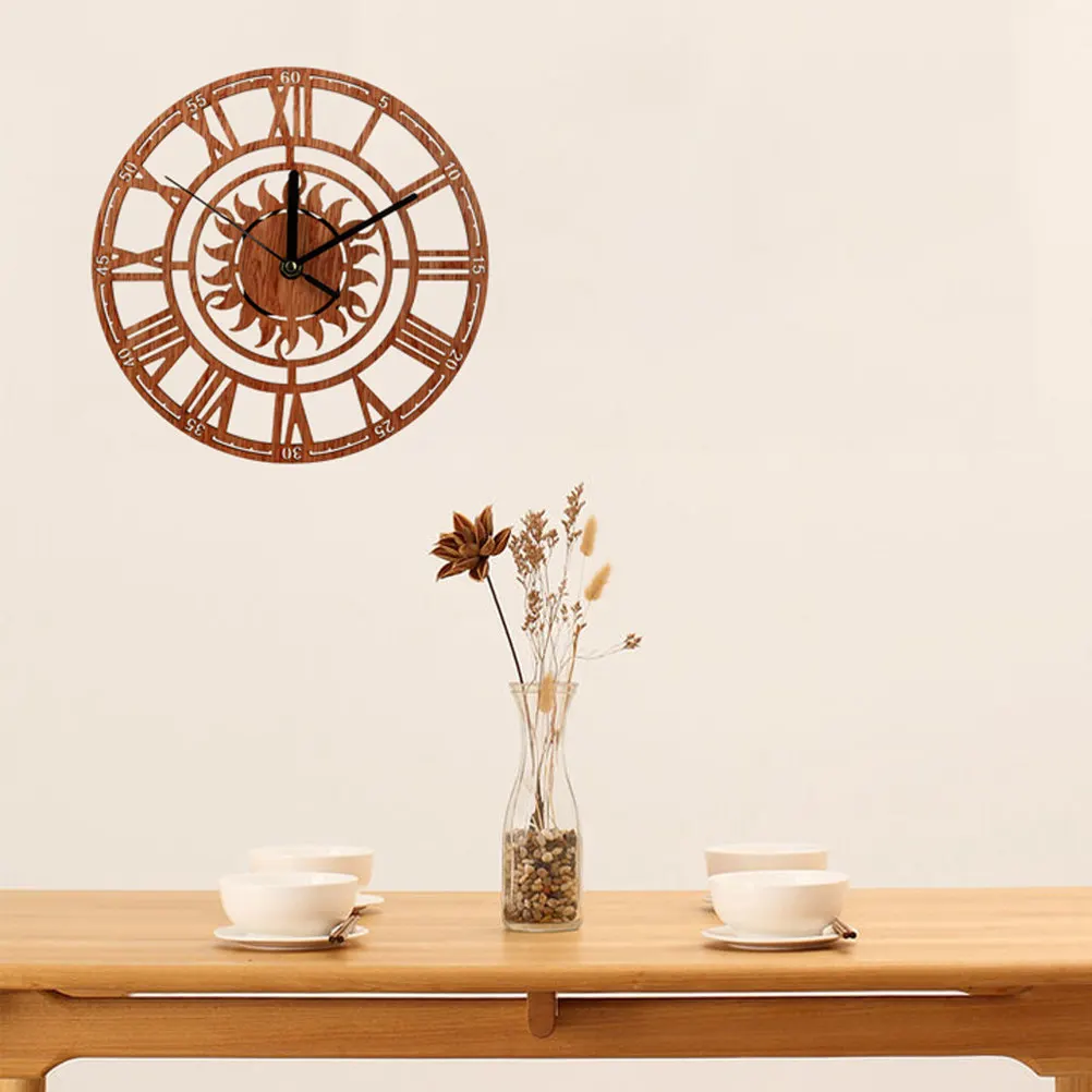 Modern Sun Design Wooden Wall Clock Roman Numeral Dial High Accuracy Quartz Movement Hook Back for Bedroom Kitchen Study