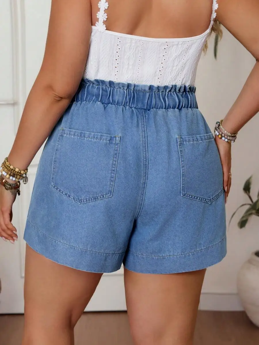 

High-Waisted Elastic Waist Denim Shorts With Diagonal Pockets For Plus Size Women