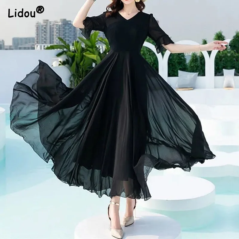 

Office Lady Black Short Sleeved Dress Fashion Summer New Solid Color Elegant Empire V-neck Slim Pullover Women's Clothing 2022