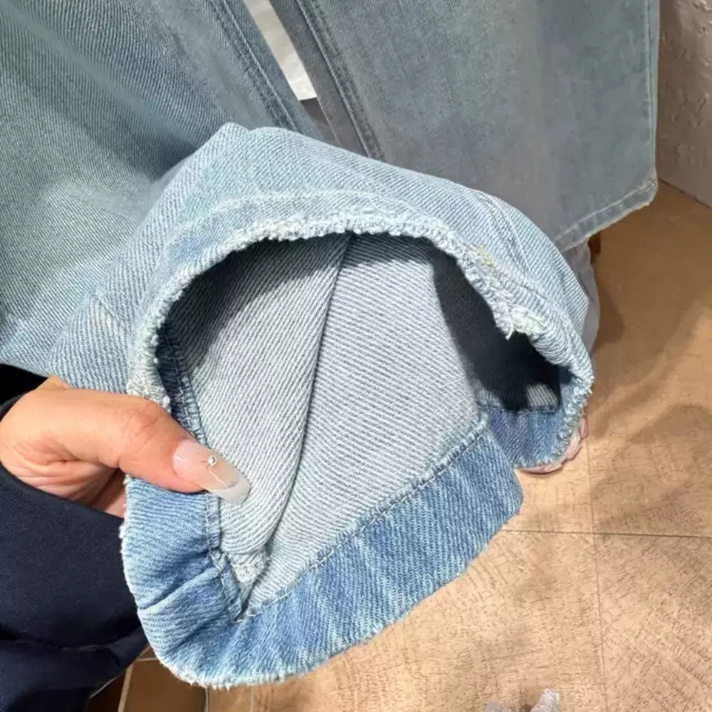 Dames kanten patchwork jeans lente zomer Koreaans ontworpen nep twee stukken hoge taille wijde pijpen rechte enkellange denim broek
