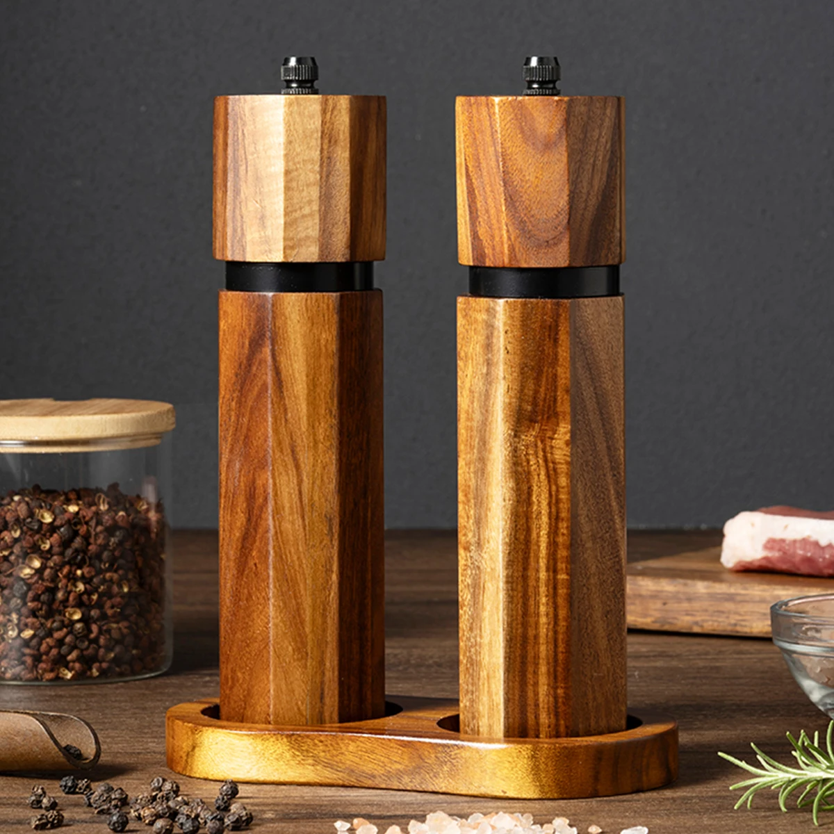 1 unidad - Molinillo de pimienta de acero negro con anillo, molinillo de pimienta de madera de acacia, botella molinillo de sal marina recién molida para restaurante occidental y barbacoa
