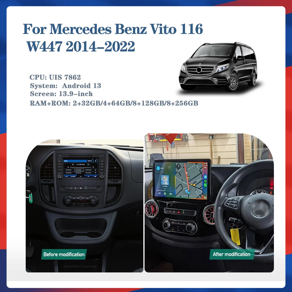 13.9-inch Android 13 For Mercedes Vito W447 2014-2022 GPS Navigation Radio Carplay 4G Multimedia Player