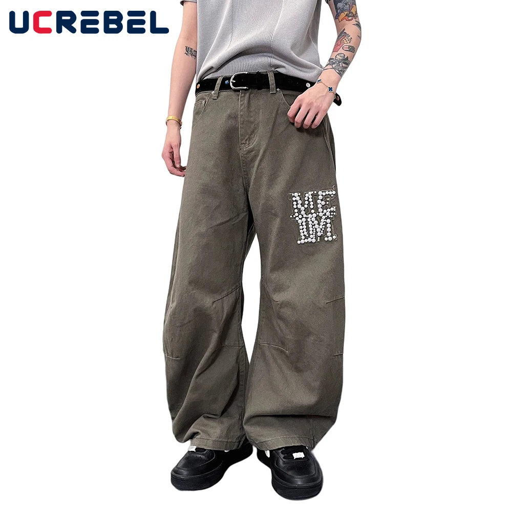 

Beading Letter Cargo Jeans Mens Retro High Street Washed Distressed Loose Wide Leg Denim Curved Blade Pants Men