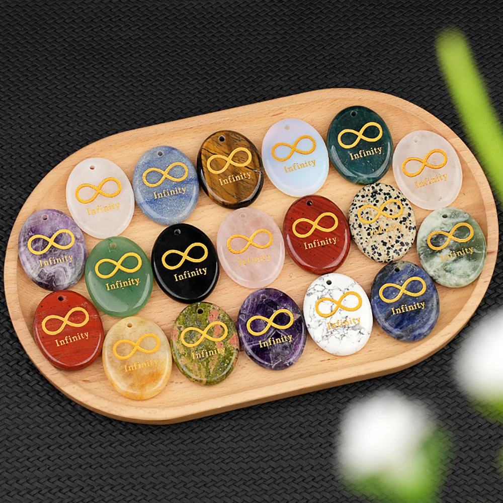 

Engraved Infinity Symbol Word Healing Crystal Thumb Worry Natural Gemstone Reiki Palm Stone with Hole DIY Hanging Ornaments