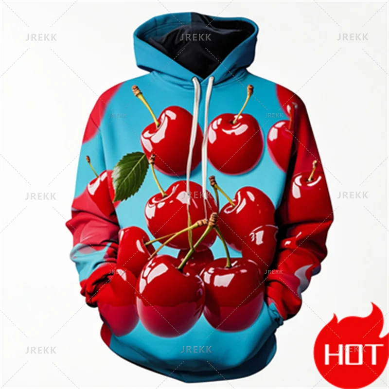 Sudaderas con capucha con patrón de cereza para hombre y mujer, ropa de calle de manga larga con estampado 3D de frutas, jerséis sueltos informales para pareja