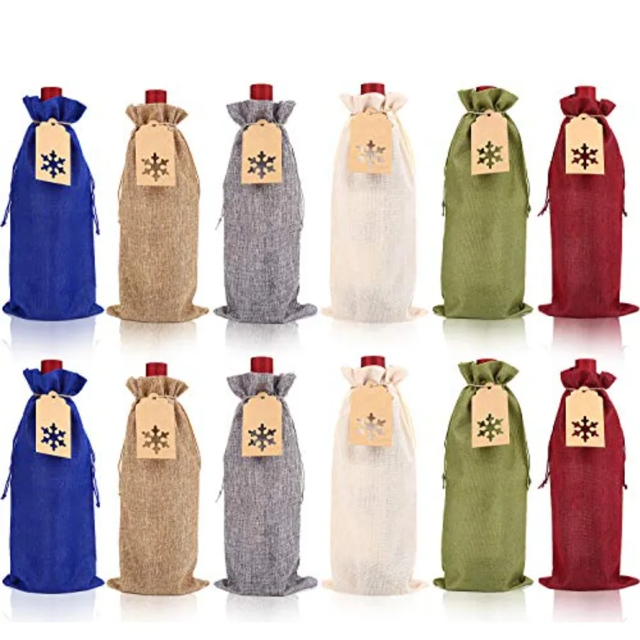 Burlap Wine Gift Bags, 12 Pcs Christmas Wine Bottle Cover with Drawstring, 24 Snowflake Tags and Jute Twine for Christmas, Wedd
