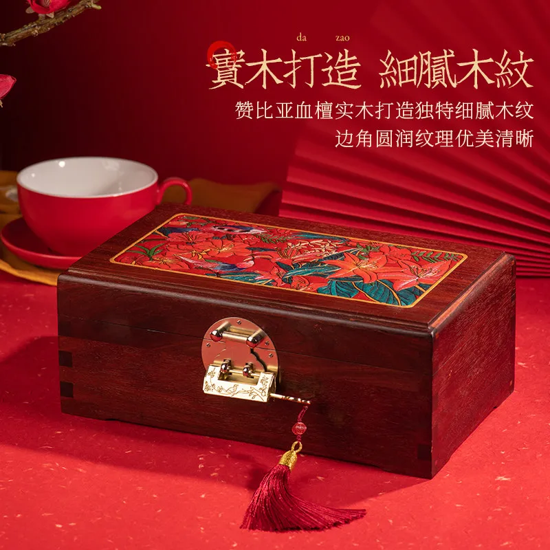 New Solid Wood Jewelry Box with Lock Mortise and Tenon Structure Red Wood Storage Case Wedding Gift