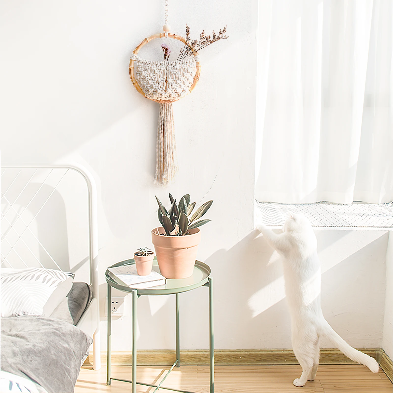 Macrame Wall Hanging Nordic Ins Door Wall Decoration Home Background Round Wall Tapestry Woven Flower Pot Dorm Room Decor