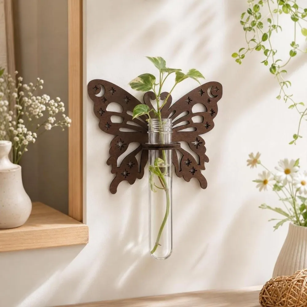 Butterfly Shaped Wooden Wall Mounted Planter Vase Hanging Flower Pot Wall Ornament Home Indoor Decoration