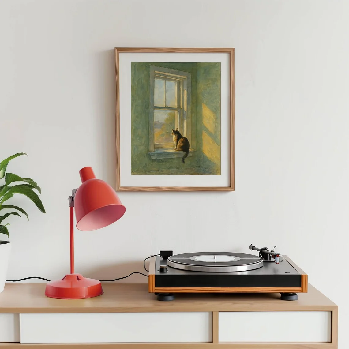 Katze auf Fensterbank Goldene Stunde Traumhafte Aquarell-Malerei Sanfte Lichtpastellfarben Leinwanddruck Wandkunst für Beruhigende Heimdekoration
