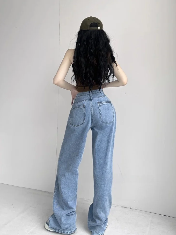 Koreaanse Sle Knot Vintage Distred Wijde Pijpen Jeans Dames Zoete Pittige Afslankende Lange Broek Herfst 2024