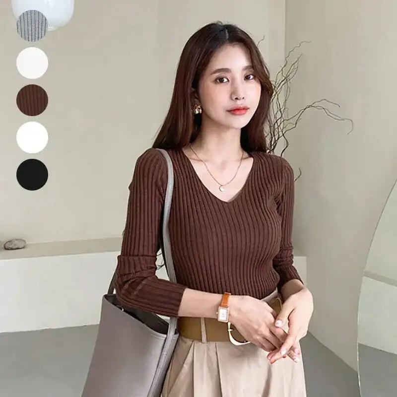 Japanese and Korean New Products Autumn and Winter New Solid Color Bottoming Shirt Women's Sweater 5 Colors V-neck Long Sleeve