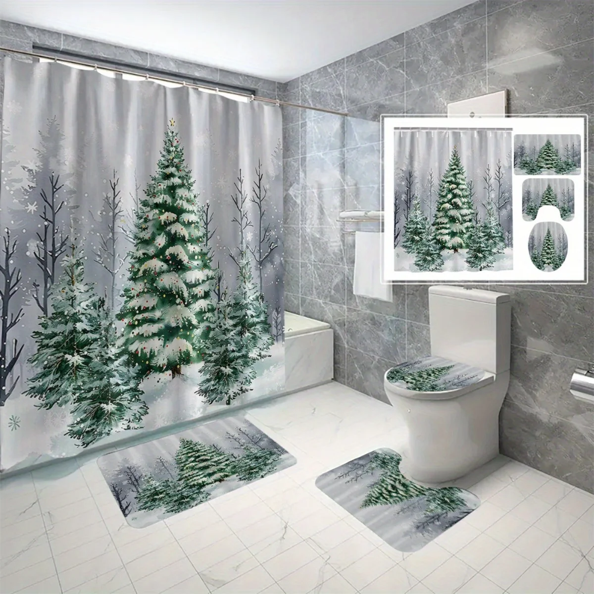 

4pc Christmas Snow Tree Bathroom Set - Polyester Fabric, Shower Curtain, Toilet Seat Mat, Floor Mat, U-Shaped Mat