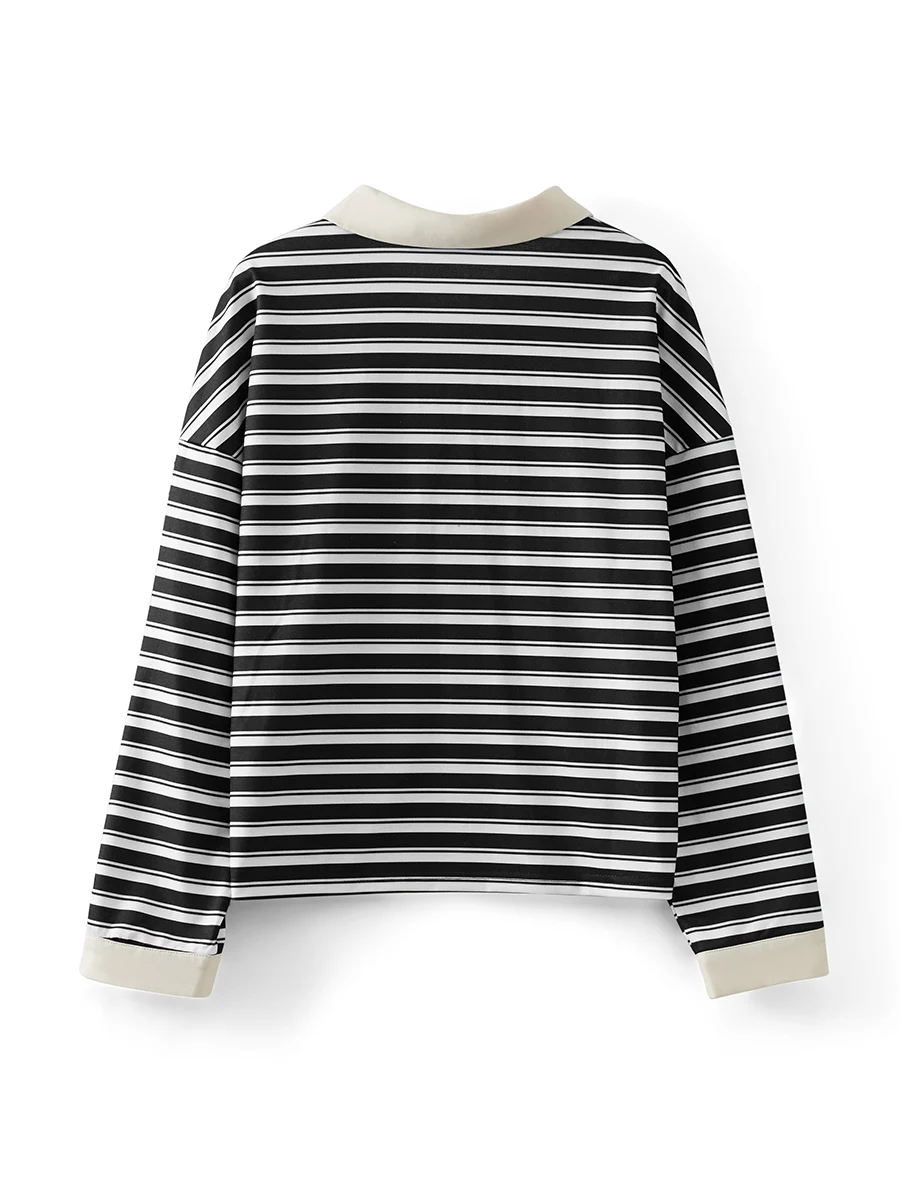 Gestreiftes T-Shirt für Damen, Kontrastfarbe, langärmelig, Reverskragen, Knopfleiste, lässige Pullover-Oberteile