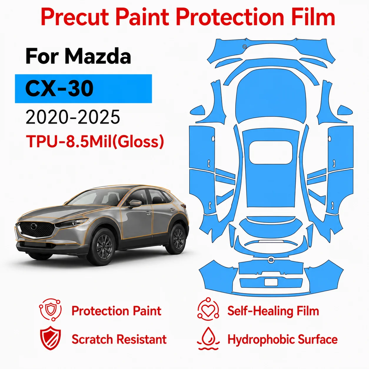 

8.5Mil TPU Scratch Resistant For Mazda CX-30 2020-2026 Car Paint Protection Film Pre-cut Clear PPF Decal Sticker Self-adhesive