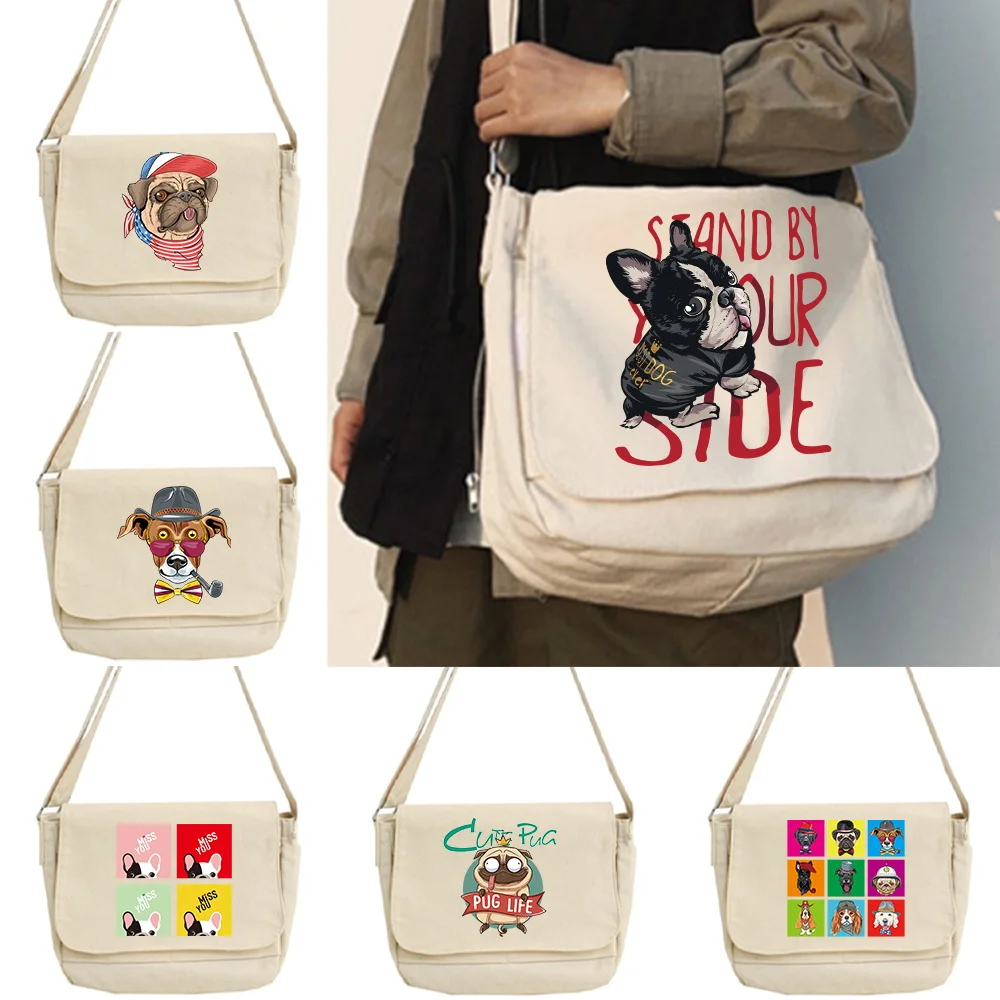 Dog Print Messenger Bag Handbags School Korean Single Shoulder Girl Student Hong Kong Style Retro Large Capacity Postman Women's