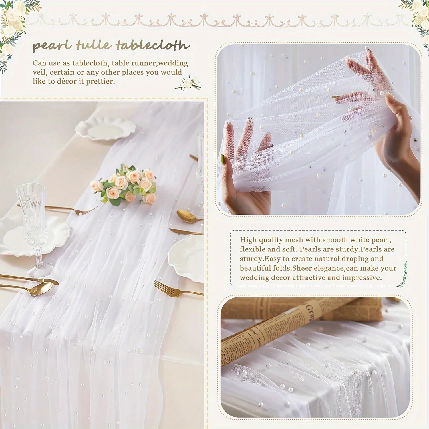 1pc White BlackTablecloth Pearl Tulle Tablecloth for Wedding Party Gathering or Table Background Decoration/ Table Runners 식탁보