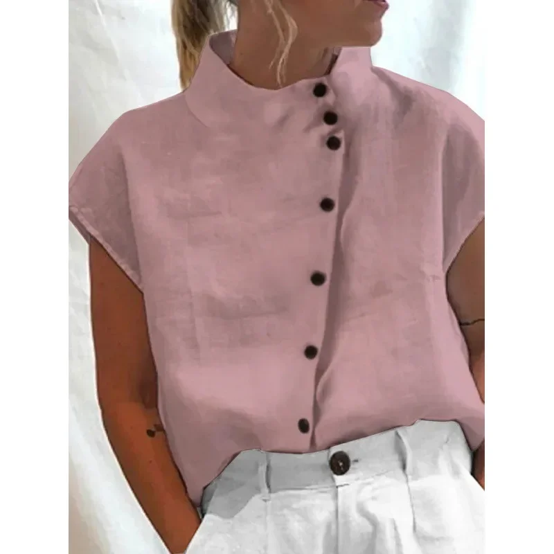 Camisa de primavera y verano para mujer, blusa con botones, cuello alto, manga corta, Color sólido, moda informal, cómoda, Regular, delgada, estándar