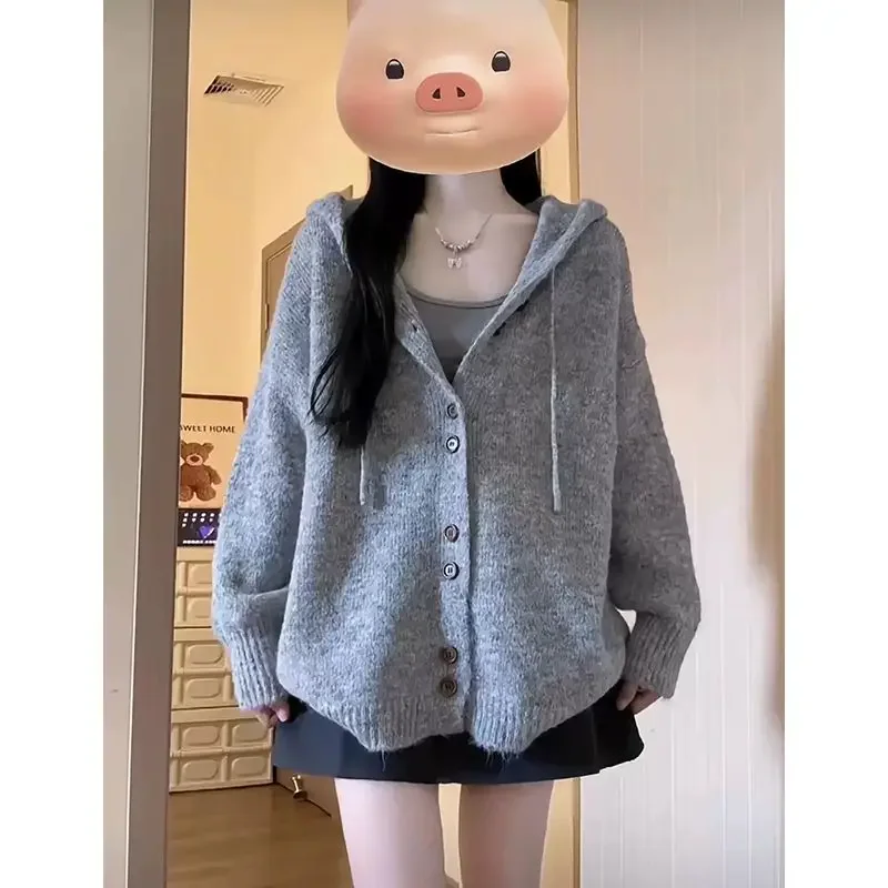 Gray Knitted Cardigan Women Sweaters Long Sleeve Hooded Single Breasted Y2k Korean Sueter Mujer Bandage Casual Preppy Style