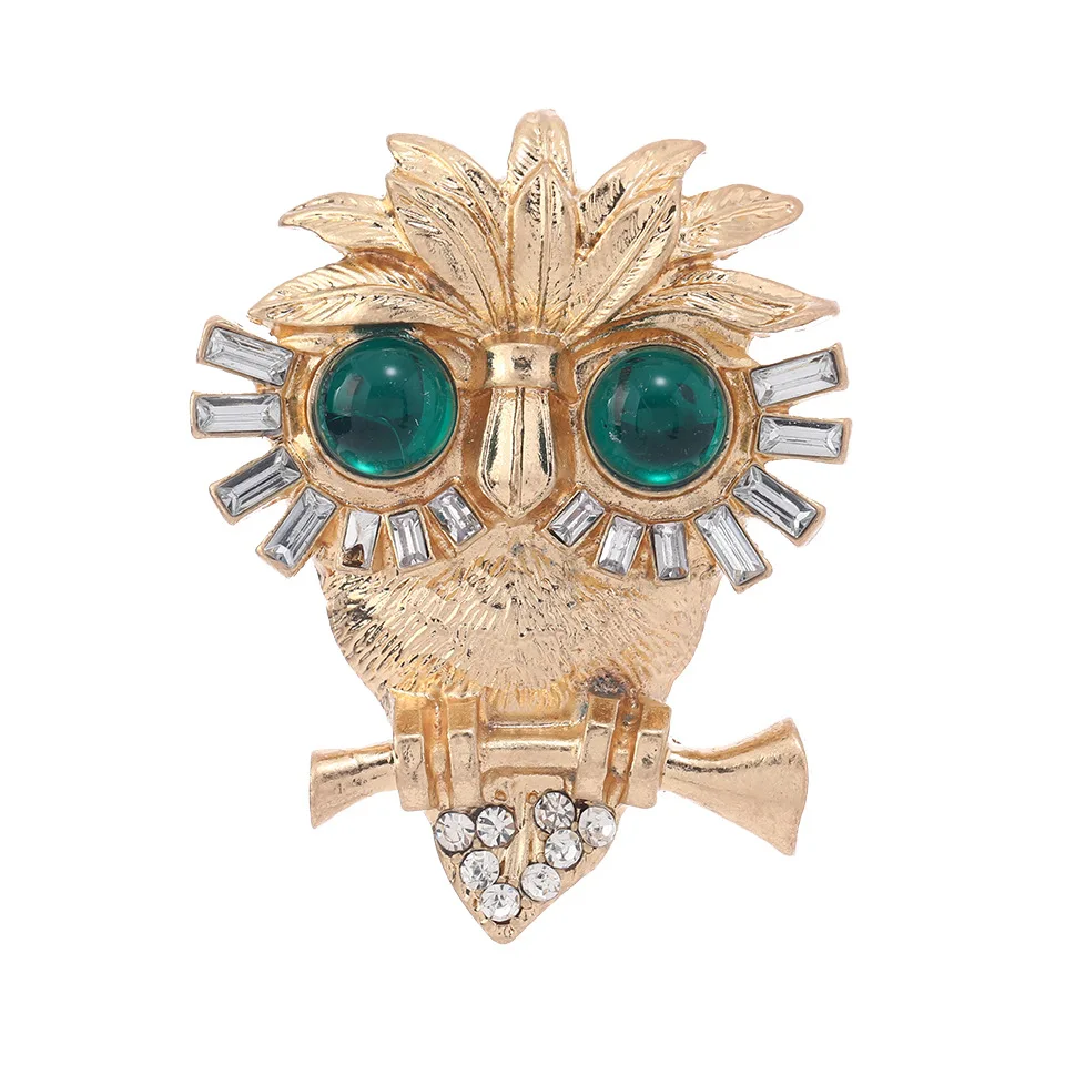 Vintage Medieval Emerald Owl Brooch Green Crystal Fringed Lion Pin Retro Palace Party Jewelry Women Men Corsage Accessory