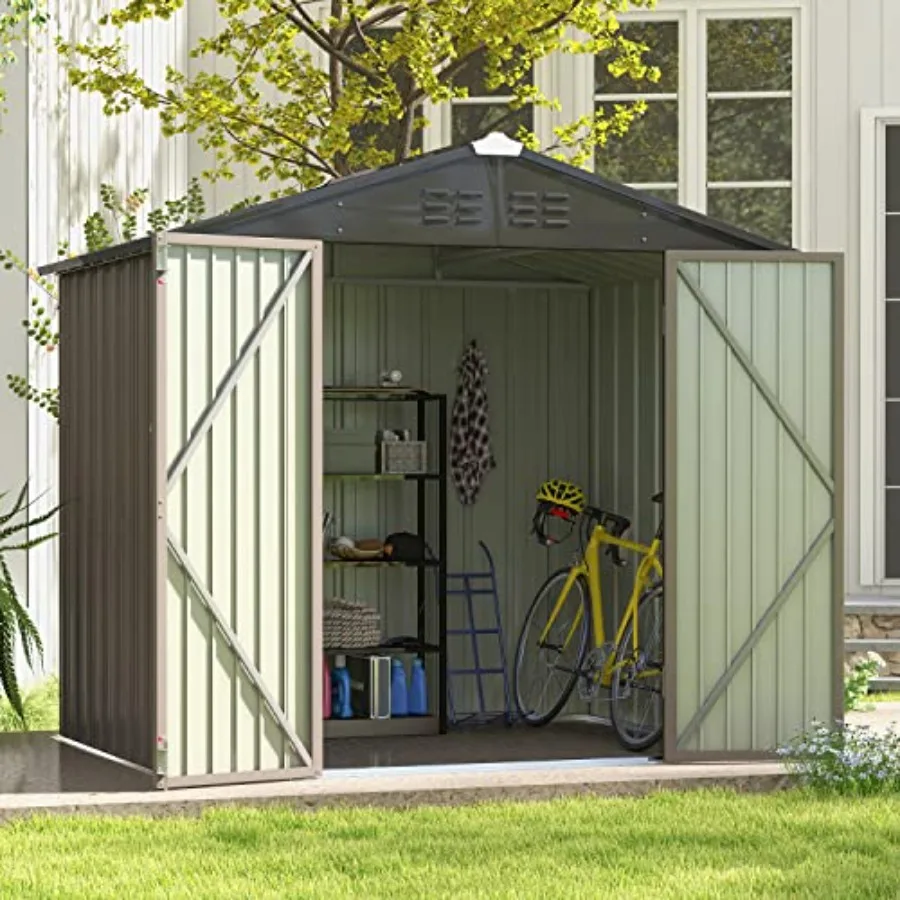 Outdoor Storage Shed for backyard use, galvanized steel material, gray color, rust-resistant and weatherproof design
