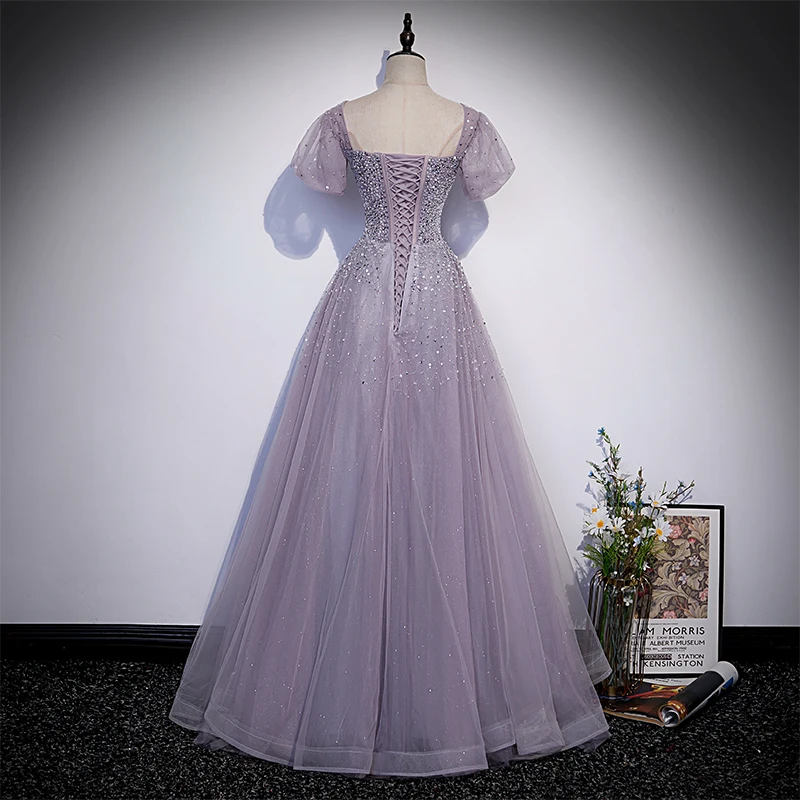 Ligth-vestido de noche morado con cuello cuadrado, manga corta, encaje con cuentas, sencillo, línea A, largo hasta el suelo, de talla grande de fiesta, B2382