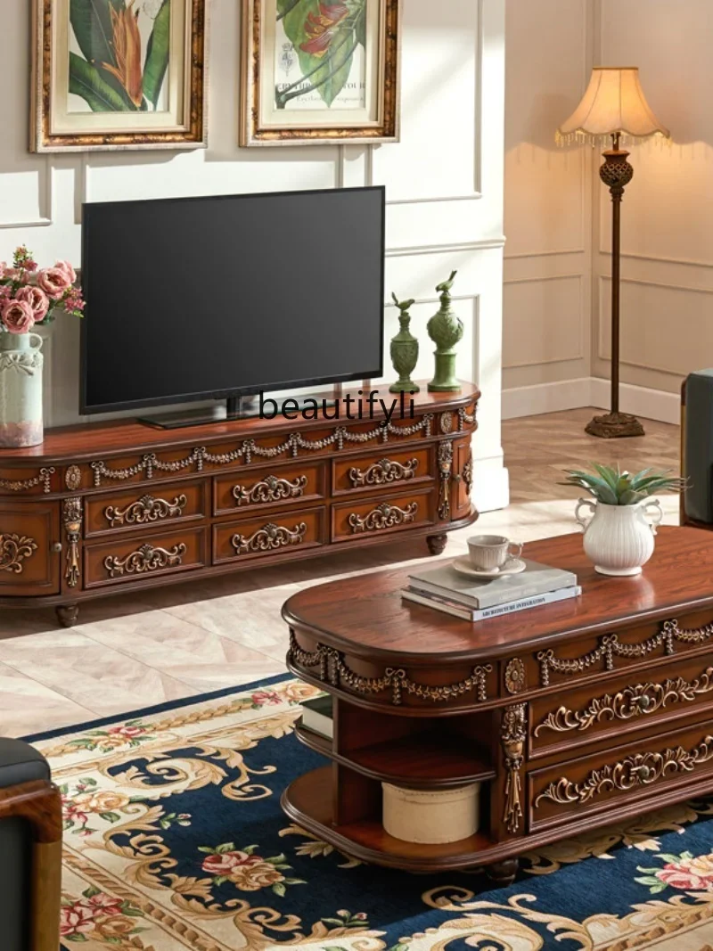 American wall-mounted living room combination TV cabinet coffee table European semi-circular floor cabinet arc