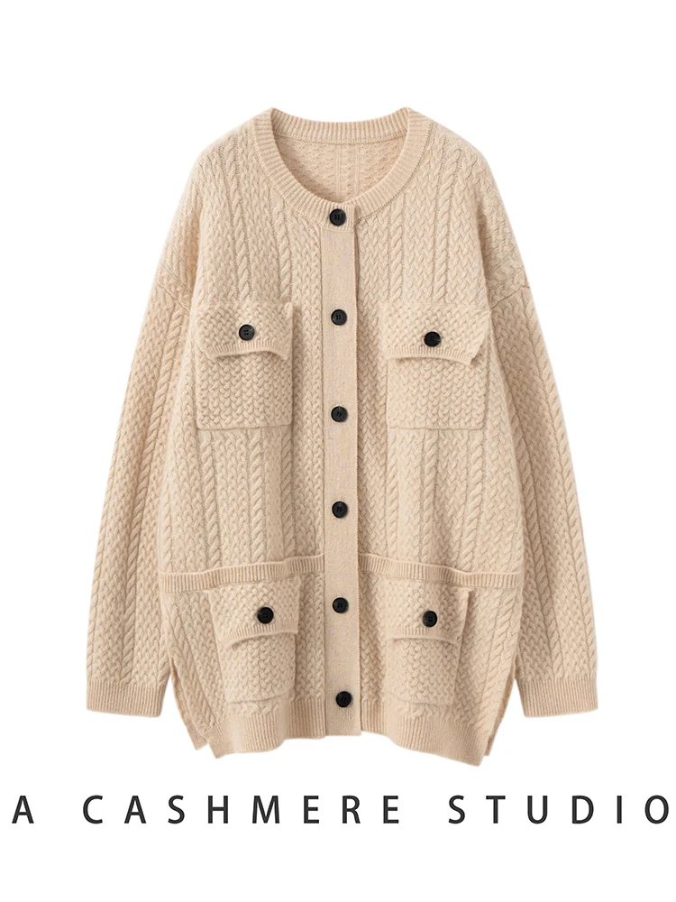 

TLOML New Women‘s 100% Cashmere Workwear Pocket O-neck Cardigan Sweater Autumn Winter Soft Warm Fashion Cashmere Sweater Tops