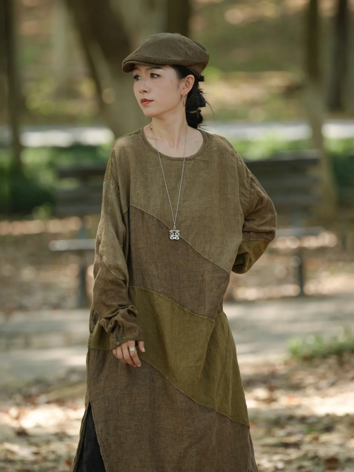 

Льняной халат Ji Jian Home WT04, окрашенный растениями, в стиле пэчворк, весна-лето-осень, длинный, с круглым вырезом, 100% лен, женский