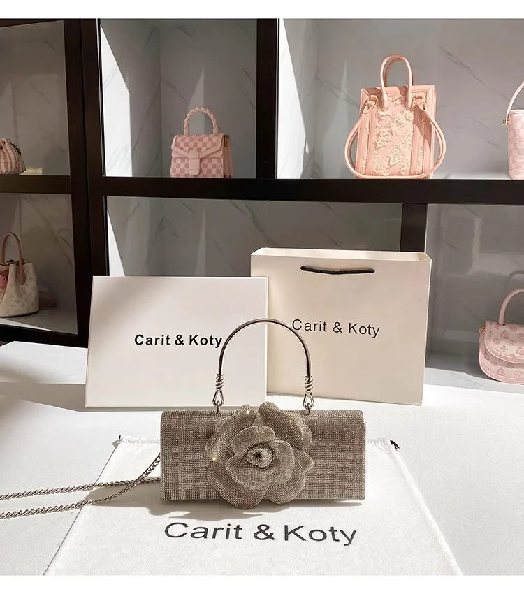 Luxury Designer Glitter Diamond Floral Women's Handbag Crystal Rhinestones Evening Bag Wedding Party Clutch Purse Crossbody Bag - Image 2