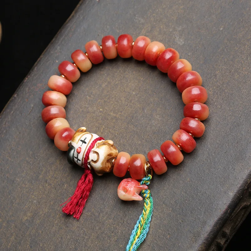 Natural Bloody Camel Bone Plate Pearl Script Play Bracelet Single Circle Tibetan Root Clown South Red Agate Bracelet