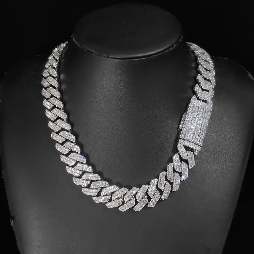 Customized 20mm 2 Rows Baguette CZ Zircon Iced Out Miami Cuban Link Chain Bracelet Necklace Bling Brass Hip Hop Jewelry Necklace
