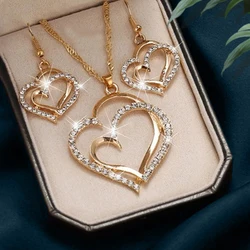 1 Pair Of Earrings + 1 Necklace French Romantic Style Jewelry Set Sparkling Heart Design Silvery Or Golden Make Your Call Gift F