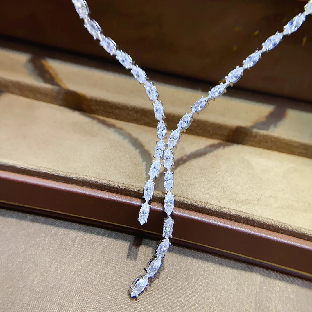 

925 Silver Full Moissanite Necklace, 3x6mm Main Stones, Brilliant Diamond Simulant Jewelry Gift for Women