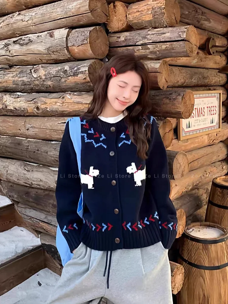 Cartoon Puppy Jacquard Crew Neck Single-breasted Knitted Top Women's Autumn and Winter Loose and Thin Versatile Warm Sweater