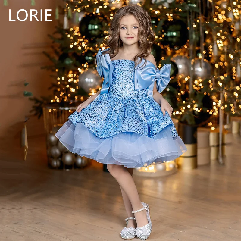 LORIE Cute A-line Glittle Shiny Sky Blue Short Girl Dress Shoulder Bow Baby Girl Dresses Birthday Present Customized 2025 Gift