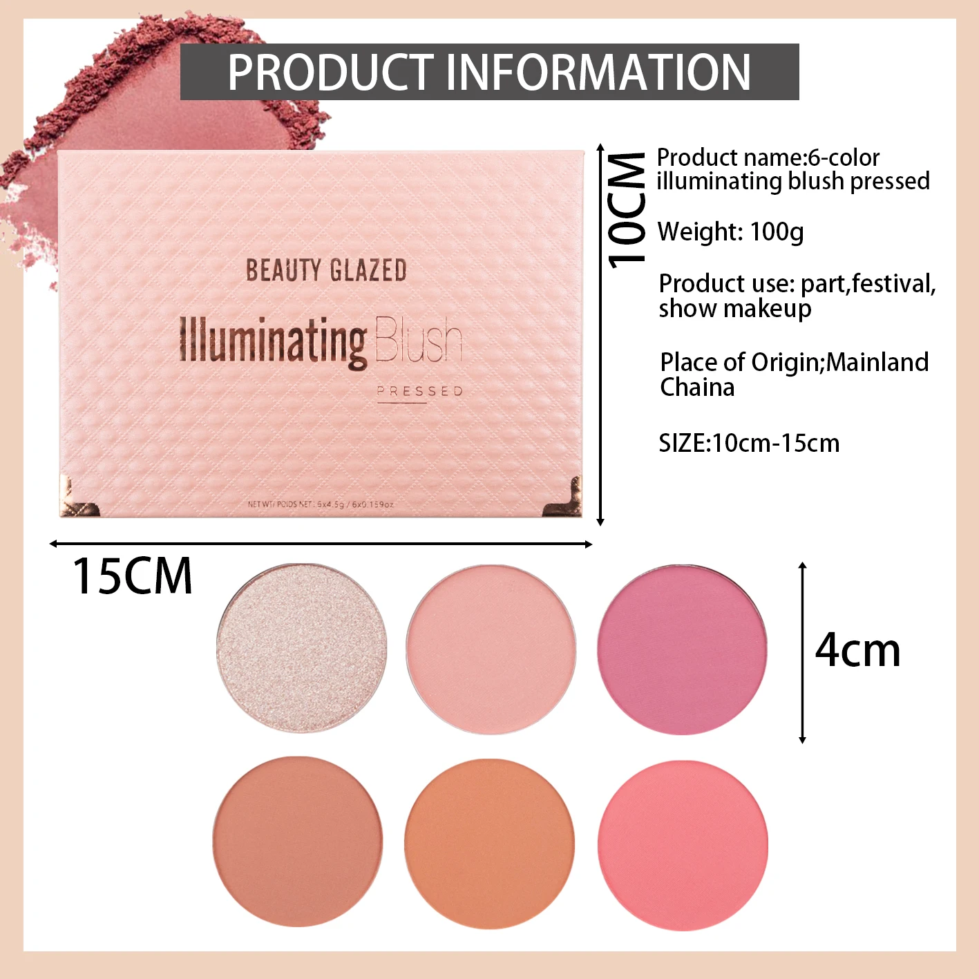 BEAUTY GLAZED 6 colori ad alto pigmento morbido impermeabile guancia rossetto fard in polvere fard per trucco viso cruelty-free
