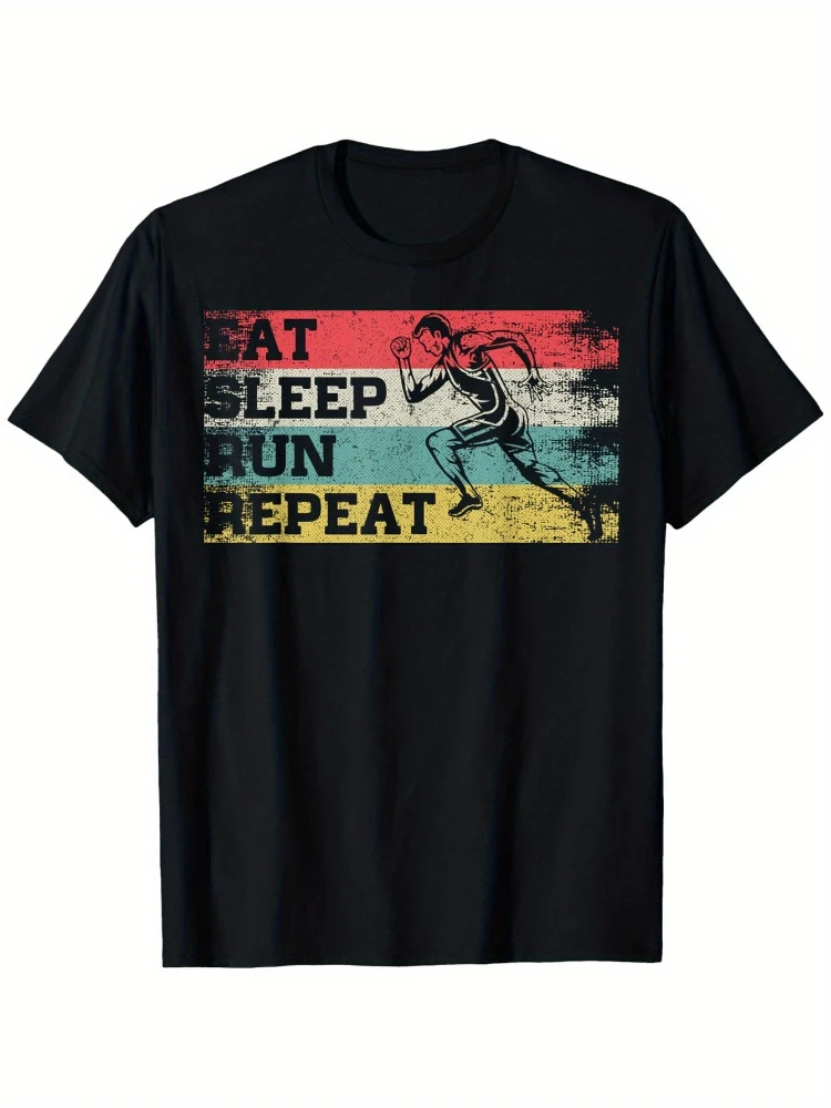 

Vintage"Eat Sleep Run Repeat"Motivational for Runners with Running Graphic-cotton O-neck short sleeve printed men's T-shirt.