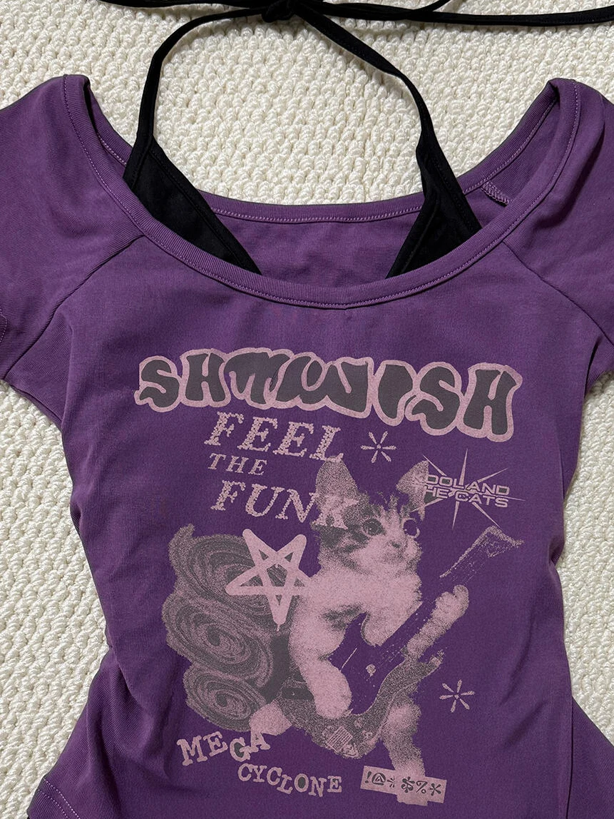 เสื้อยืดพิมพ์ลายการ์ตูนสีม่วง สไตล์วินเทจ แบบสองชิ้นหลอกๆ สำหรับฤดูร้อน เสื้อผู้หญิงสไตล์เกาหลี เรียบง่าย สีพื้น ผ้าฝ้าย ใส่ทำงานได้