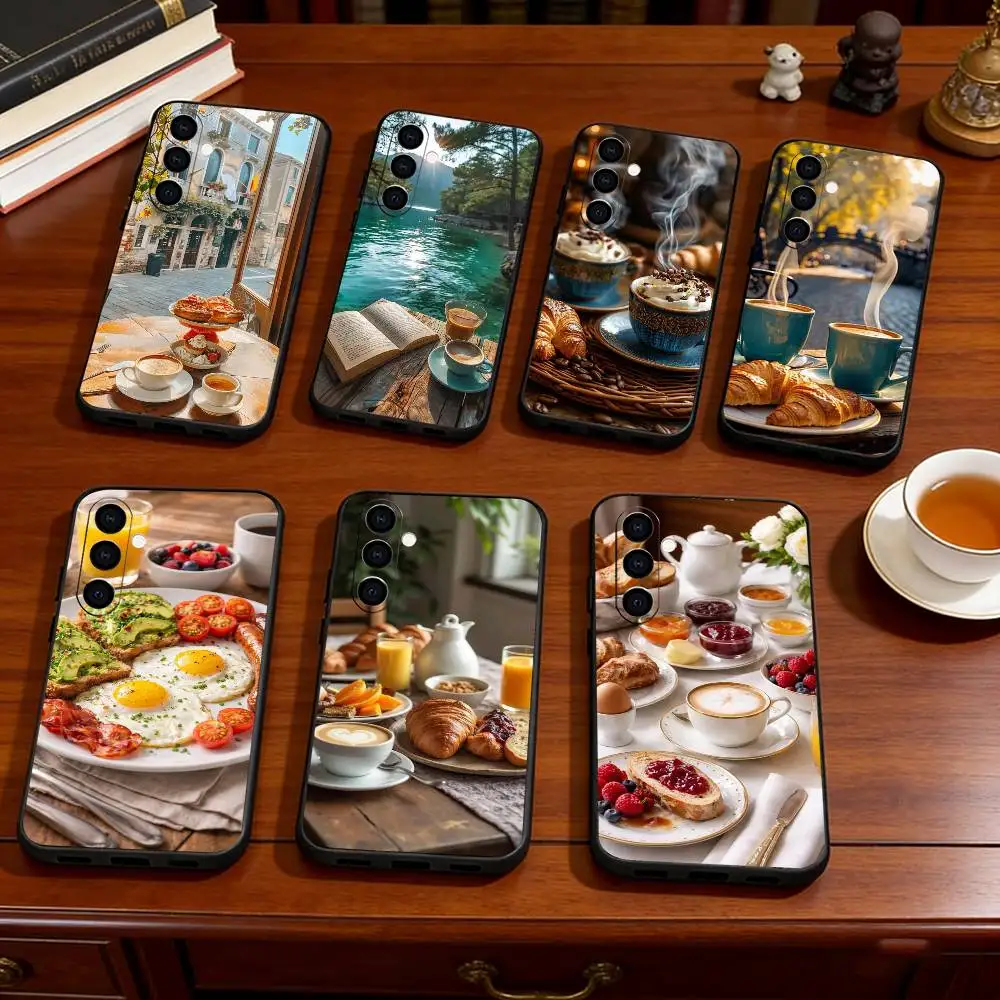 Coffee and Breakfast Phone Case For Samsung Galaxy A73,A72,A71,A70,A53,A52,A51,Soft Silicone Black Cover