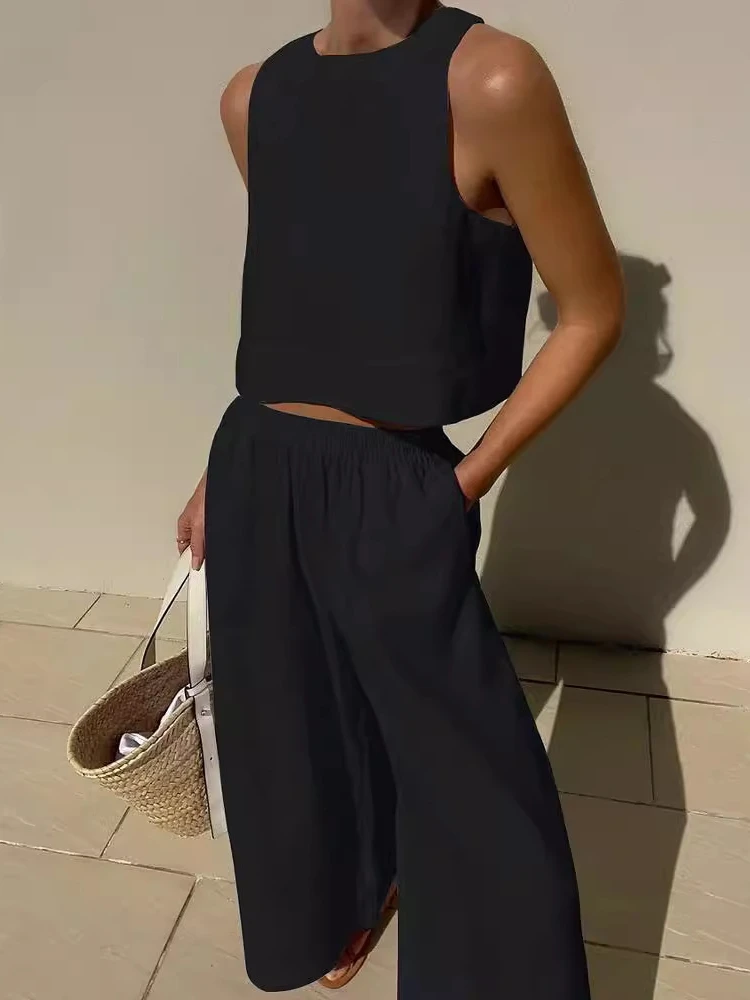 2024 Summer Fashion New Women\'s Cotton and Hemp Set Round Neck Sleeveless Shirt Tie Waist Wide Leg Pants Sports Two Piece Set