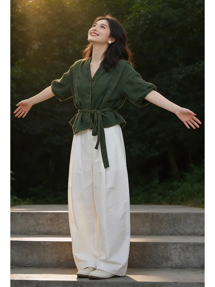 Slimming Effect Shirt And Wide Leg Pants Set Women's Early Summer New Style Tied Waist Loose Feel Fashionable Two Piece Set