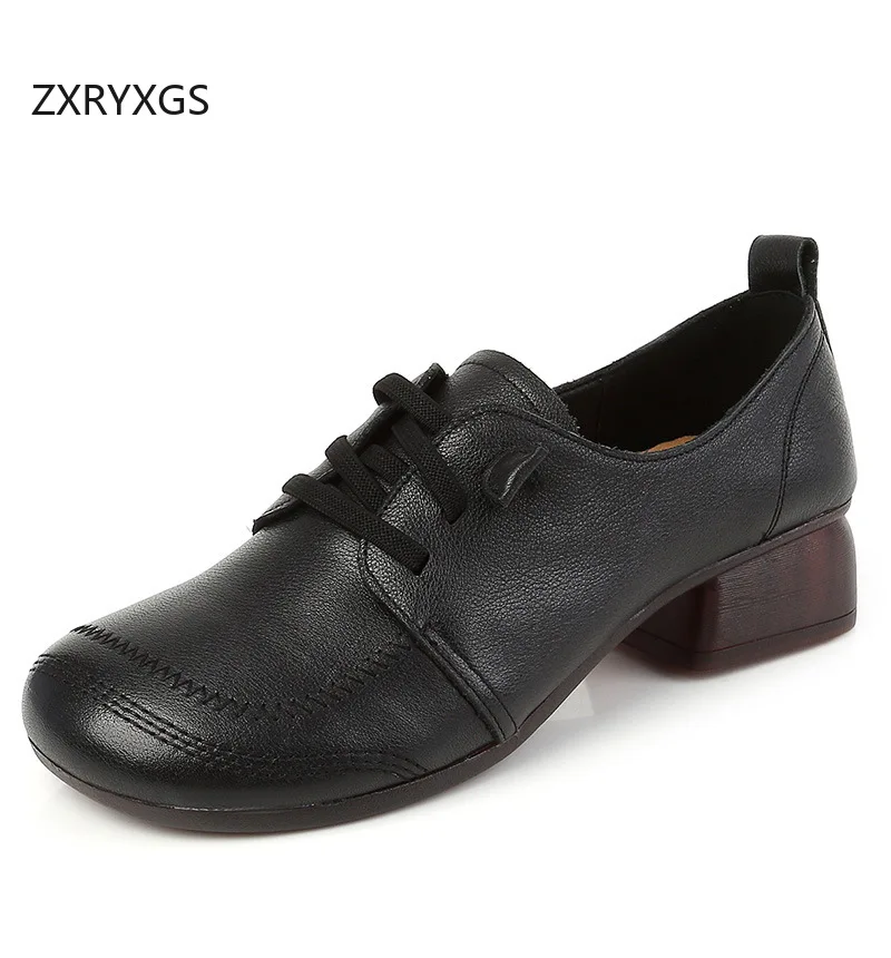 

ZXRYXGS 2025 г., элегантные туфли премиум-класса из натуральной кожи в стиле ретро на среднем каблуке, большие размеры, удобные туфли на мягкой подошве, женская модная обувь