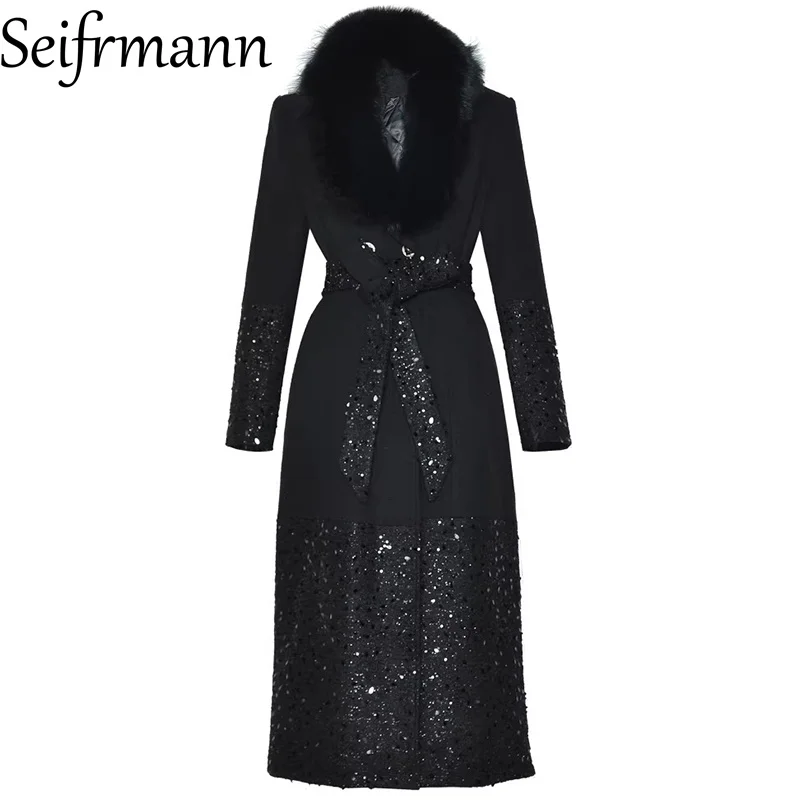 Seifrmann 2026 Spring Women's New Fashionable Woolen Collar Long Sleeve Double breasted Sparkling frenum Waist cinching coat