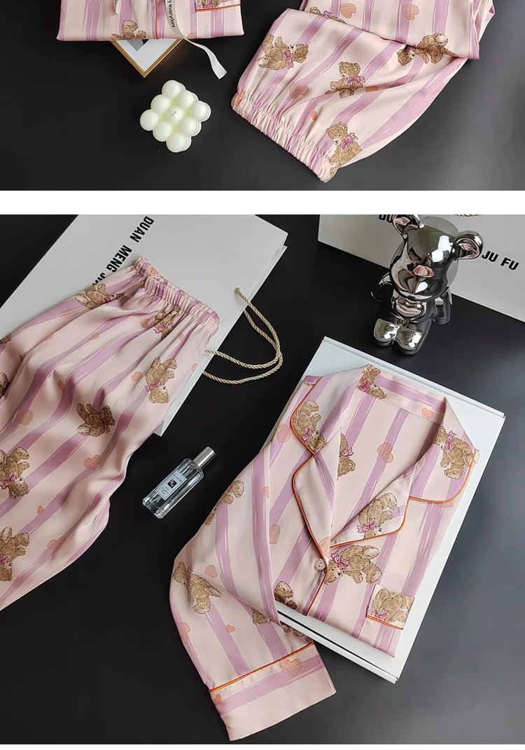 Herbst und Winter Damen Pyjamas Cartoon Rosa Gestreift Bär Pyjamas Strickjacken Lange Ärmel Hosen Loungewear Zweiteiliges Set – Detail 4