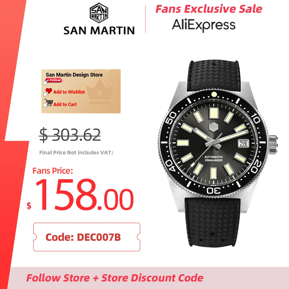 

San Martin 62mas Diving Watch 39mm Japan NH35 Automatic Mechanical Watches for Men Sapphire Waterproof 20Bar Luminous SN0007B