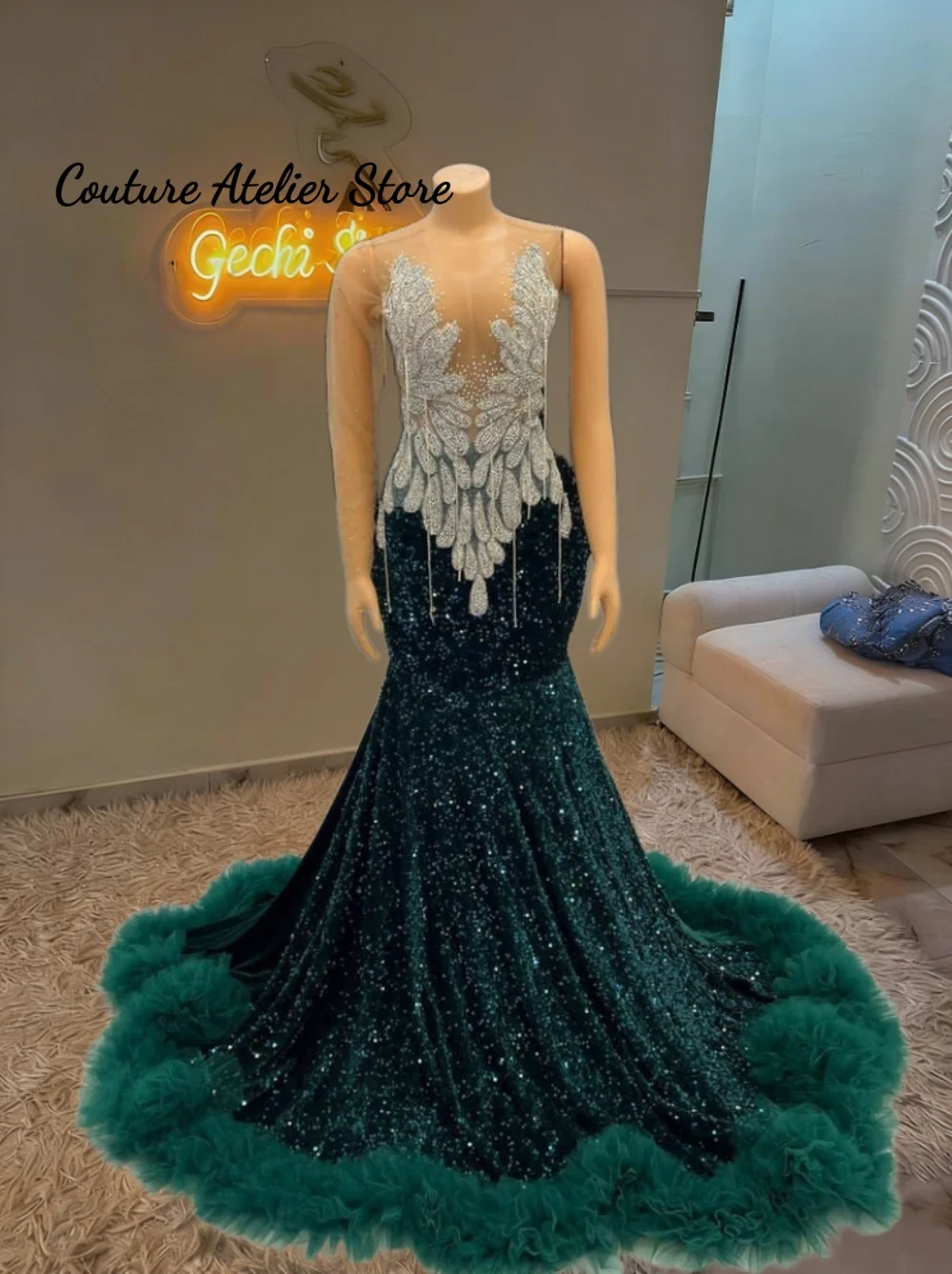 

Emerald Green Crystal Beading Long Mermaid Prom Dresses With Ruched Train 2026 Backless Birthday Luxury Dress Mesh Customized
