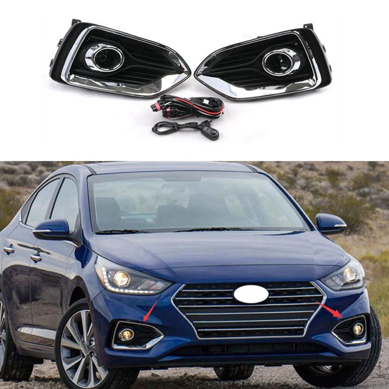 NEW-1 Pair Front Bumper Fog Light Kit With Wiring Switch Bezel For Hyundai Accent 2018-2019 2020 Accessories